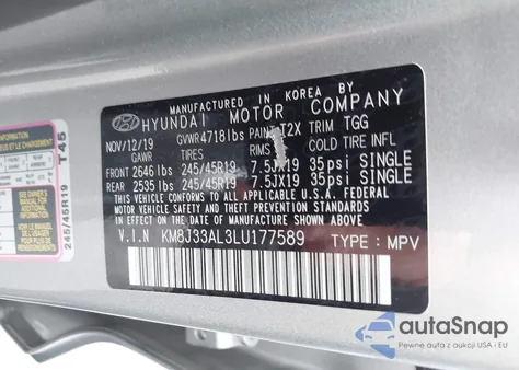 2020 Hyundai Tucson Sport from USA, damaged, VIN KM8J33AL3LU177589